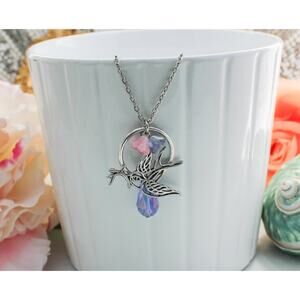 Handmade Antique Silver Hummingbird Necklace Glass Flowers with Blue Glass Drop